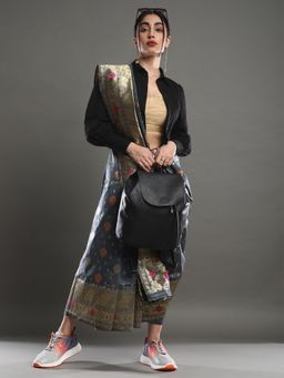 Akhilam - Women's Silk Blend Grey Woven Design Celebrity Saree with Unstitched Blouse