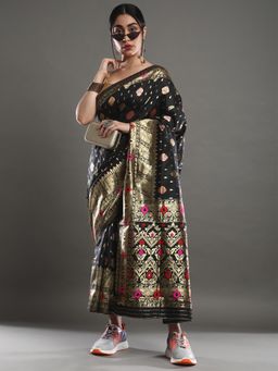 Akhilam - Women's Silk Blend Black Woven Design Celebrity Saree with Unstitched Blouse