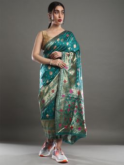 Akhilam - Women's Silk Blend Teal Green Woven Design Celebrity Saree with Unstitched Blouse