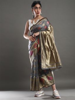 Akhilam - Women's Silk Blend Grey Woven Design Celebrity Saree with Unstitched Blouse