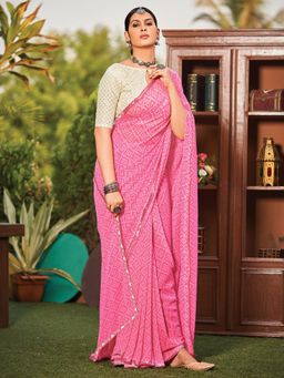 Akhilam - Women's Georgette Pink Embellished Designer Saree with Unstitched Blouse