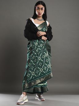 Akhilam - Women's Silk Blend Dark Green Woven Design Designer Saree with Unstitched Blouse