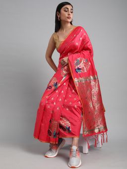 Akhilam - Women's Silk Blend Pink Woven Design Celebrity Saree with Unstitched Blouse