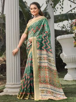 Akhilam - Women's Soft Silk Green Printed Designer Saree with Unstitched Blouse