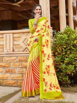 Akhilam - Women's Linen Yellow Printed Designer Saree with Unstitched Blouse
