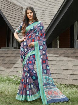 Akhilam - Women's Linen Navy Blue Printed Designer Saree with Unstitched Blouse