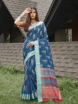 Akhilam - Women's Linen Navy Blue Printed Designer Saree with Unstitched Blouse