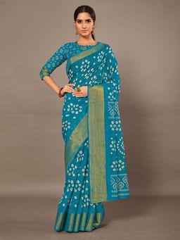 Akhilam - Women's Cotton Blend Turquoise Printed Celebrity Saree with Unstitched Blouse