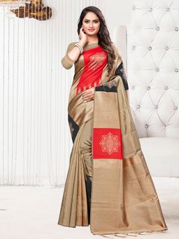 Akhilam - Women's Silk Blend Beige Woven Design Celebrity Saree with Unstitched Blouse