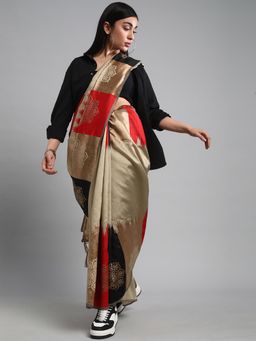 Akhilam - Women's Silk Blend Beige Woven Design Celebrity Saree with Unstitched Blouse