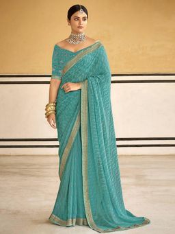 Akhilam - Women's Georgette Turquoise Zari Embroidered Designer Saree with Unstitched Blouse