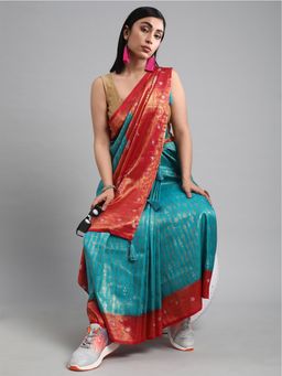 Akhilam - Women's Kanjeevaram Silk Turquoise Woven Design Designer Saree with Unstitched Blouse