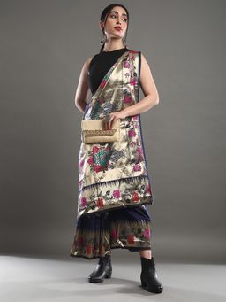 Akhilam - Women's Silk Blend Navy Blue Woven Design Celebrity Saree with Unstitched Blouse