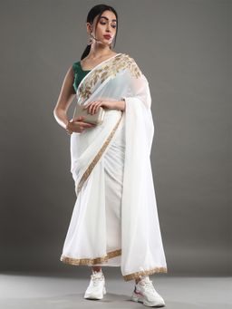 Akhilam - Women's Georgette Off White Embroidered Designer Saree with Unstitched Blouse