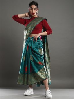 Akhilam - Women's Silk Blend Teal Green Woven Design Designer Saree with Unstitched Blouse