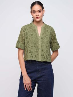 Cover Story - Green Schiffli Crop Shirt