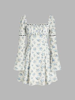 Cider - Santorini Beach Vacation Woven Square Neck Floral Mini Dress