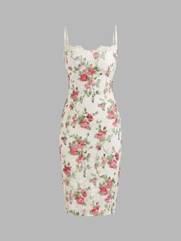 Cider - Lace Square Neck Floral Midi Dress