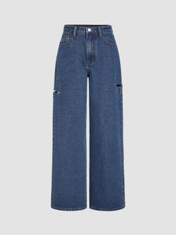 Cider - Denim Mid Rise Ripped Button Wide Leg Jeans