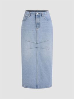 Cider - Denim Mid Rise Pocket Split Maxi Skirt