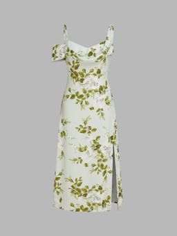 Cider - Chiffon Asymmetrical Neck Floral Split Midi Dress