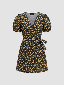 Cider - V-Neck Floral Knotted Mini Dress