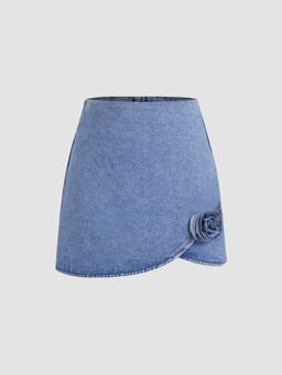 Cider - Santorini Beach Vacation Rosette Denim Mid Rise Zipper Mini Skirt