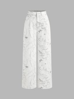 Cider - Santorini Beach Vacation Denim Mid Rise Floral Straight Leg Jeans