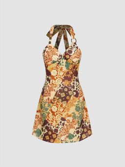 Cider - Miami Sunset Vacation Halter Neck Floral Mini Dress