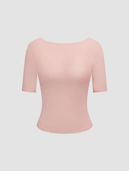 Cider - High Stretch Double Layered Boat Neck Solid Backless Short Sleeve Top