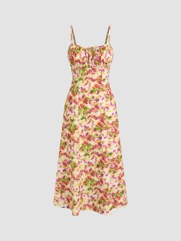 Cider - Miami Sunset Vacation Square Neck Floral Ruched Maxi Dress