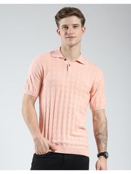 Monte Carlo - Mens Self Design Collar Neck T-shirt - Coral