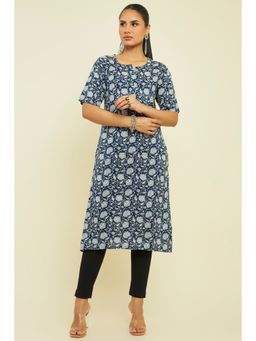 Soch - Women Navy Blue Rayon Printed Kurta