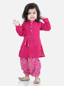 BownBee - Front Open Cotton Full Sleeve Kurta with Dhoti - Pink (Set of 2)