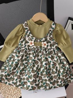 Oh Rare - Skirt Korean Style Girls Flower Suspender Two Piece Dress Long Sleeve Skirt