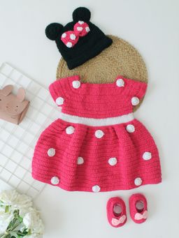 Woonie - Polka Dot Pattern Crochet Frock Set Pink
