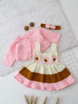 Woonie - Crochet Handmade Granny Square Detailed Dress Set Pink