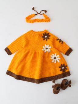 Woonie - Handmade Floral Applique Full Sleeves Crochet Dress Orange