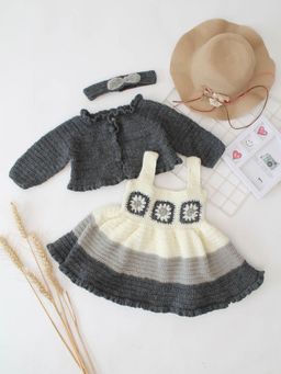 Woonie - Crochet Handmade Granny Square Detailed Dress Set Grey