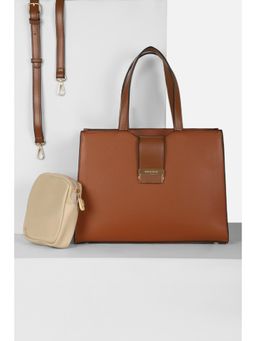 Van Heusen - Women Formal Brown Solid Handbag with Detachable Strap & Pouch