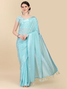 Amrutam Fab - Womens Chinon Satin Foil Print Sky Blue Saree with Unstitched Blouse Piece