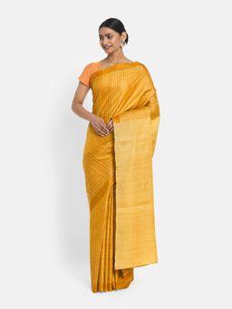 Fabindia - Mustard Silk Hand Block Printed Saree without Blouse
