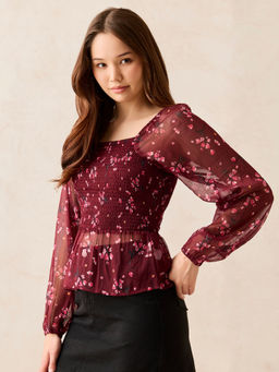Outzidr - Maroon Printed Smocked Top
