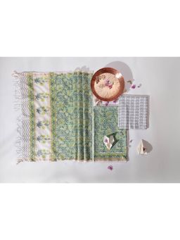 VASTRA RAAG - Green Hand Block Printed Pure Chanderi Silk Unstitched Kurta and Pant with Dupatta
