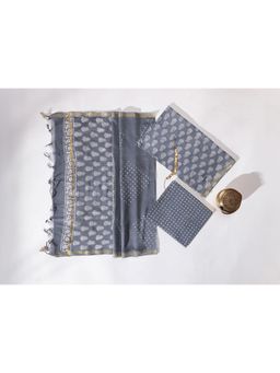 VASTRA RAAG - Grey Hand Block Printed Pure Chanderi Silk Unstitched Kurta and Pant with Dupatta
