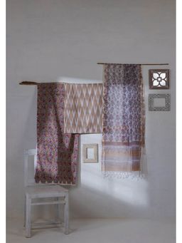 VASTRA RAAG - Beige Pure Cotton Ikat Hand Block Printed Unstitched Kurta and Pant with Dupatta