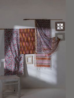 VASTRA RAAG - Brown Pure Cotton Ikat Hand Block Printed Unstitched Kurta and Pant with Dupatta