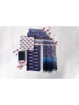 VASTRA RAAG - Indigo Blue Pure Printed Unstitched Kurta and Pant with Dupatta