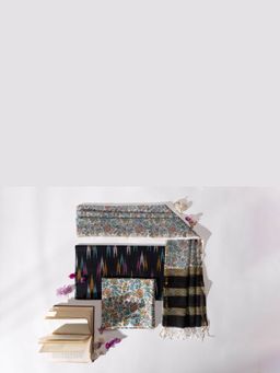 VASTRA RAAG - Black Pure Cotton Ikat Hand Block Printed Unstitched Kurta and Pant with Dupatta