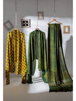 VASTRA RAAG - Green Ajrakh Hand Block Printed Modal Silk Unstitched Kurta and Pant with Dupatta